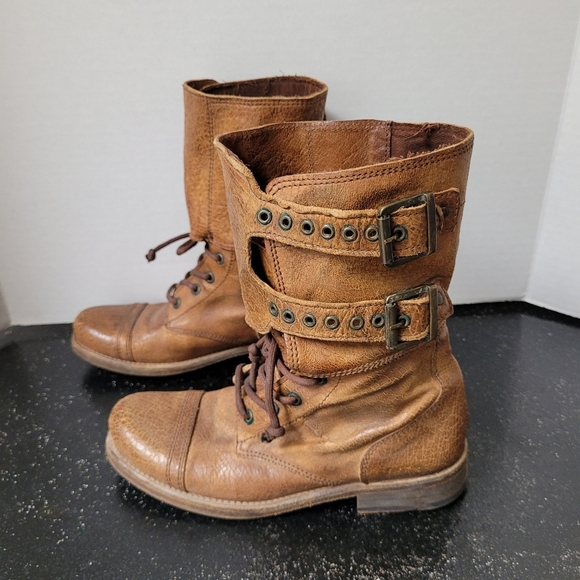 ALLSAINTS Spitalfields Damisi Buckles Brown Crackled Leather Military Boots - Picture 5 of 7